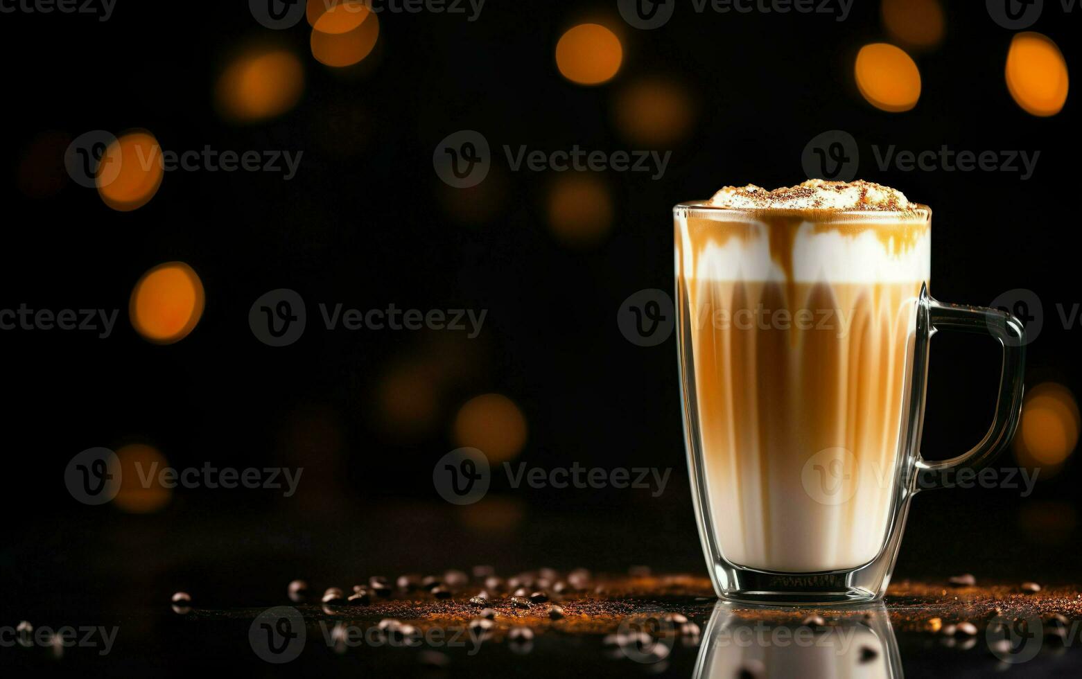 alto bicchiere di latte macchiato con cannella e frustato crema, sfocato scintillante buio e oro sfondo con bellissimo bokeh, festivo atmosfera, caffè fagioli su il nero tavolo foto