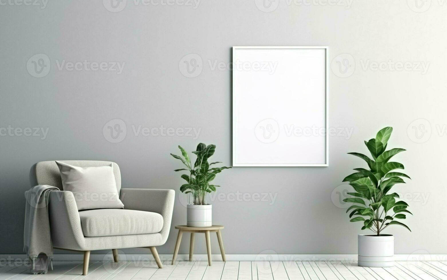 vuoto telaio su il grigio parete con copia spazio nel il vivente camera con un' bianca poltrona decorato con tappeto, verde interno impianti nel vasi su il pavimento lato foto