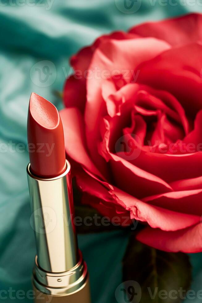 rosso rossetto nel un' d'oro tubo e fioritura rosa fiore, bellezza cosmetico e trucco Prodotto, generativo ai foto