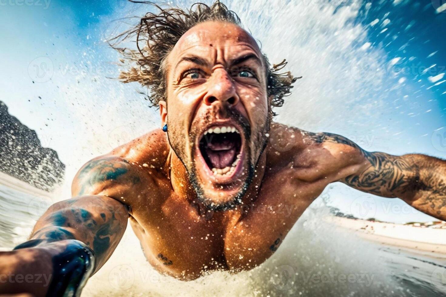 uomo surfer nel il acqua nel movimento, lui è sopraffatto con emozioni. estremo sport. partire professionista largo angolo sparo. ai generativo foto