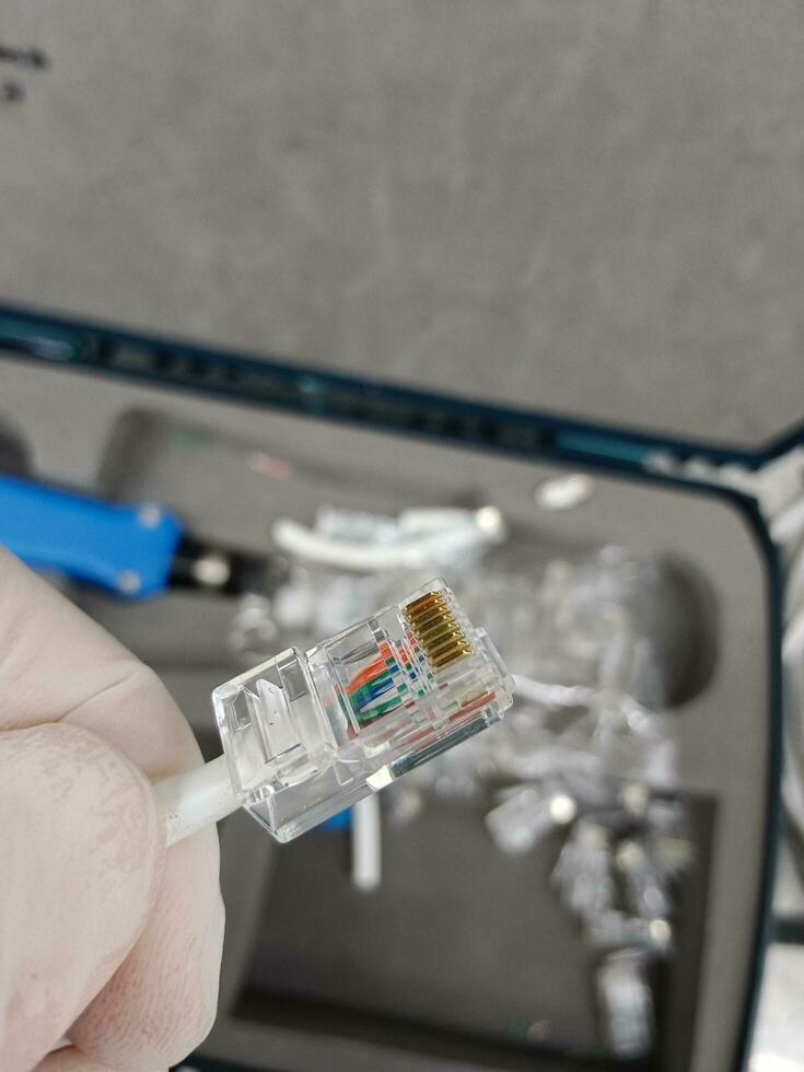 mano scegliere rj45 testa di utp lan cavo e Rete Collegare cavo foto