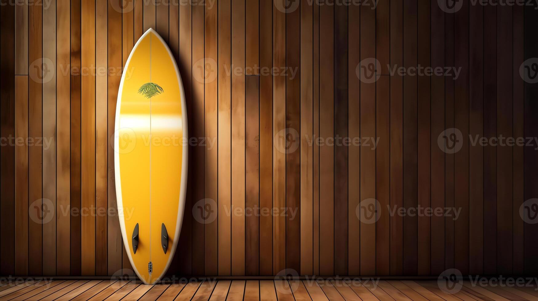 giallo tavola da surf su di legno parete ai generativo foto