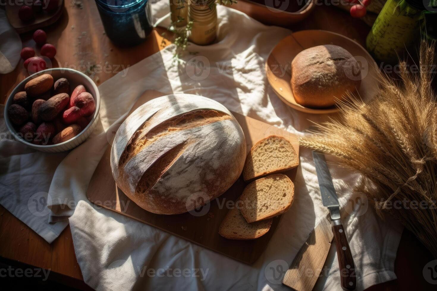 azione foto di Grano pane nel cucina tavolo piatto posare ai generato