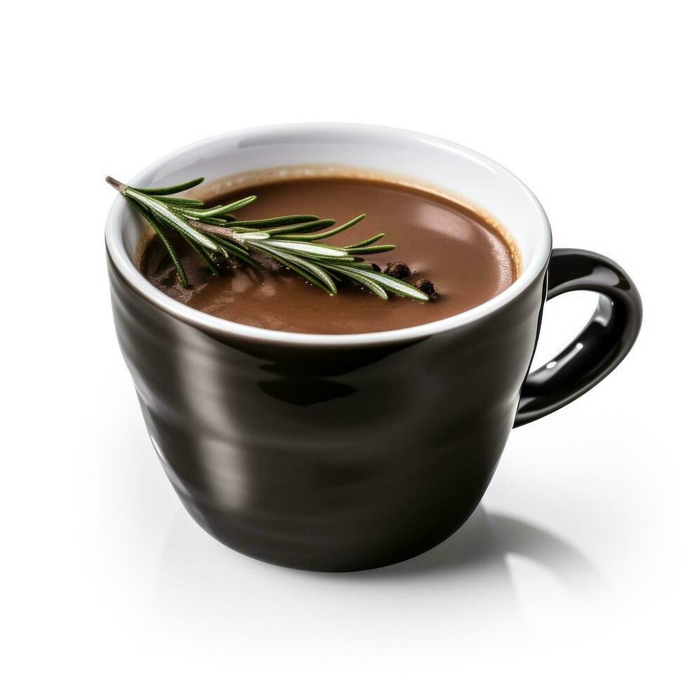 infuso di rosmarino caldo cioccolato nel un' nero tazza isolato su bianca sfondo foto