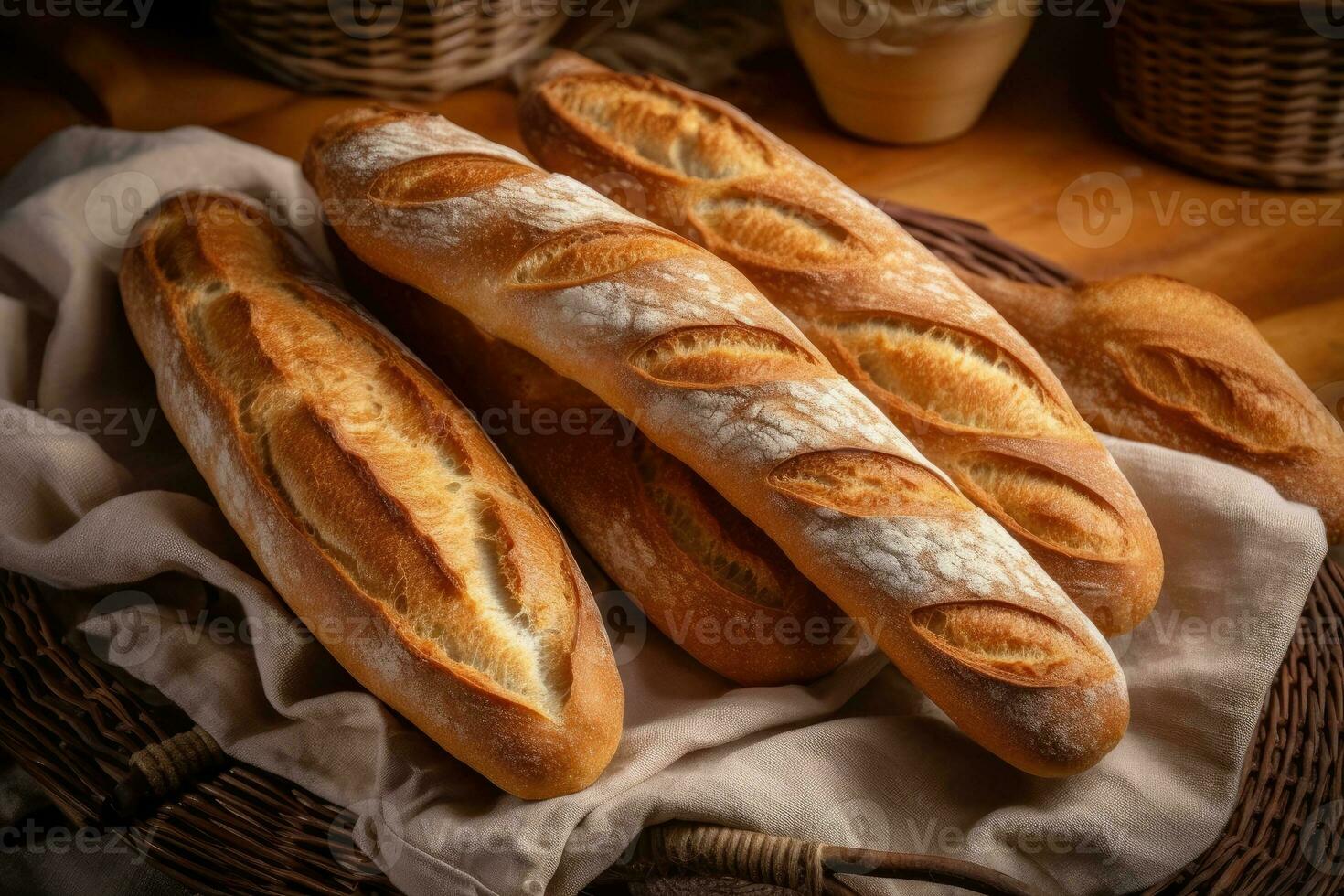 azione foto di francese pane o baguette nel cucina tavolo ai generato