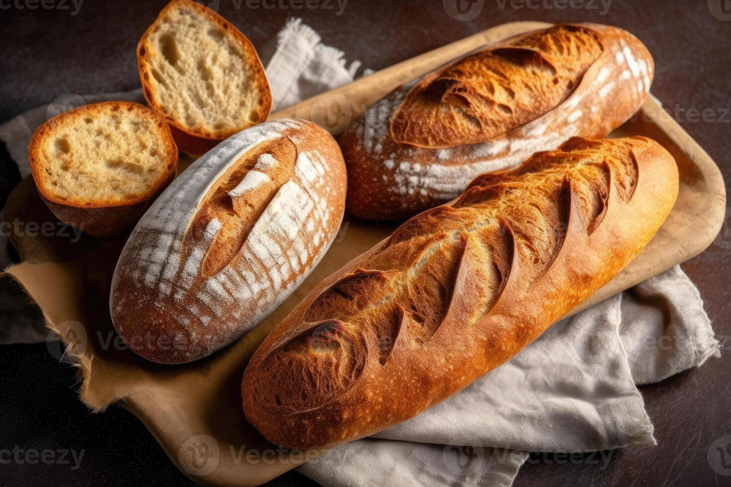 azione foto di francese pane o baguette nel cucina tavolo ai generato