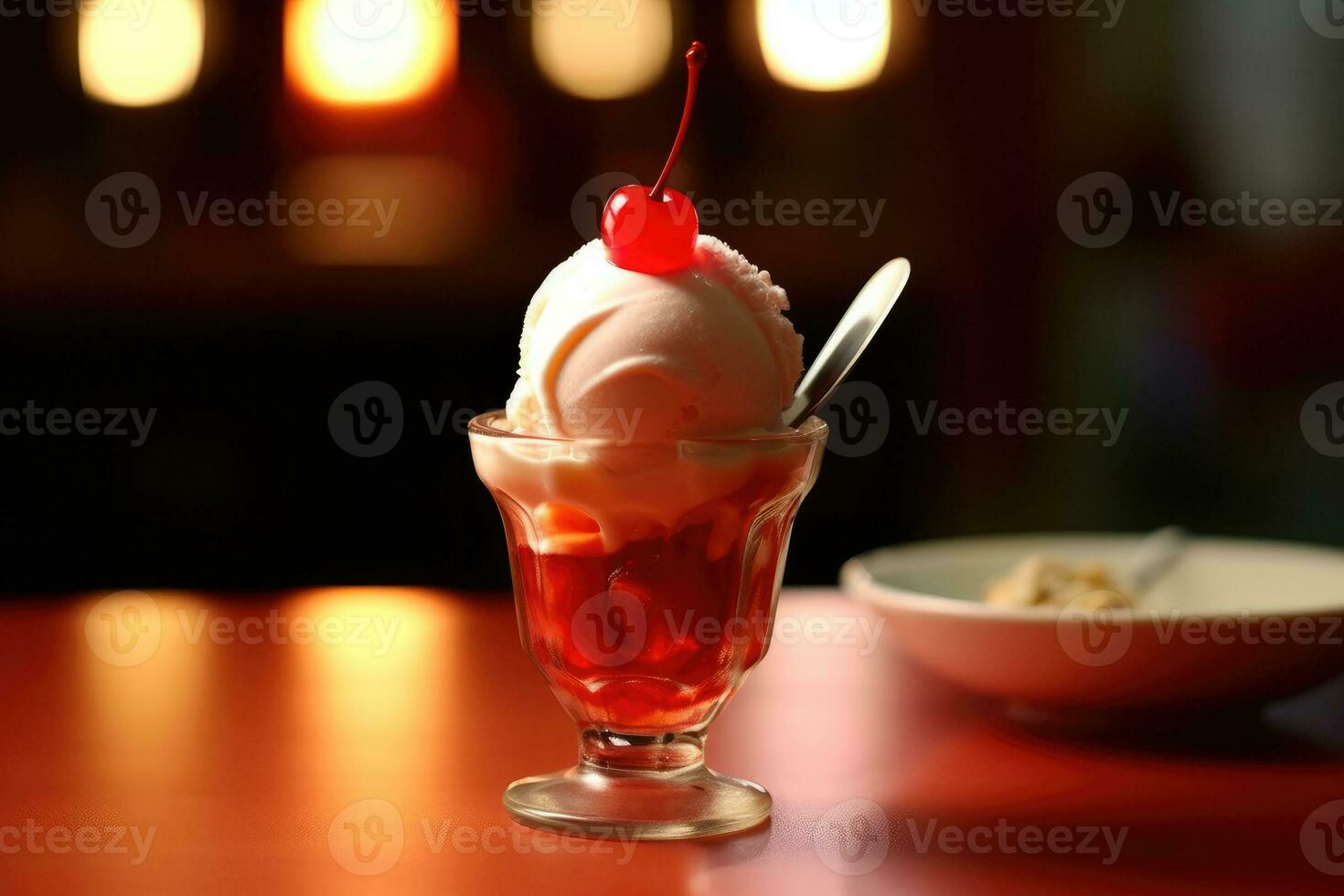 rosso leggero coppa di gelato guarnita nel il cucina tavolo cibo fotografia ai generato foto