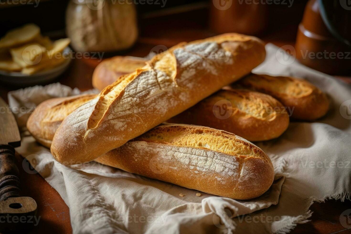 azione foto di francese pane o baguette nel cucina tavolo ai generato