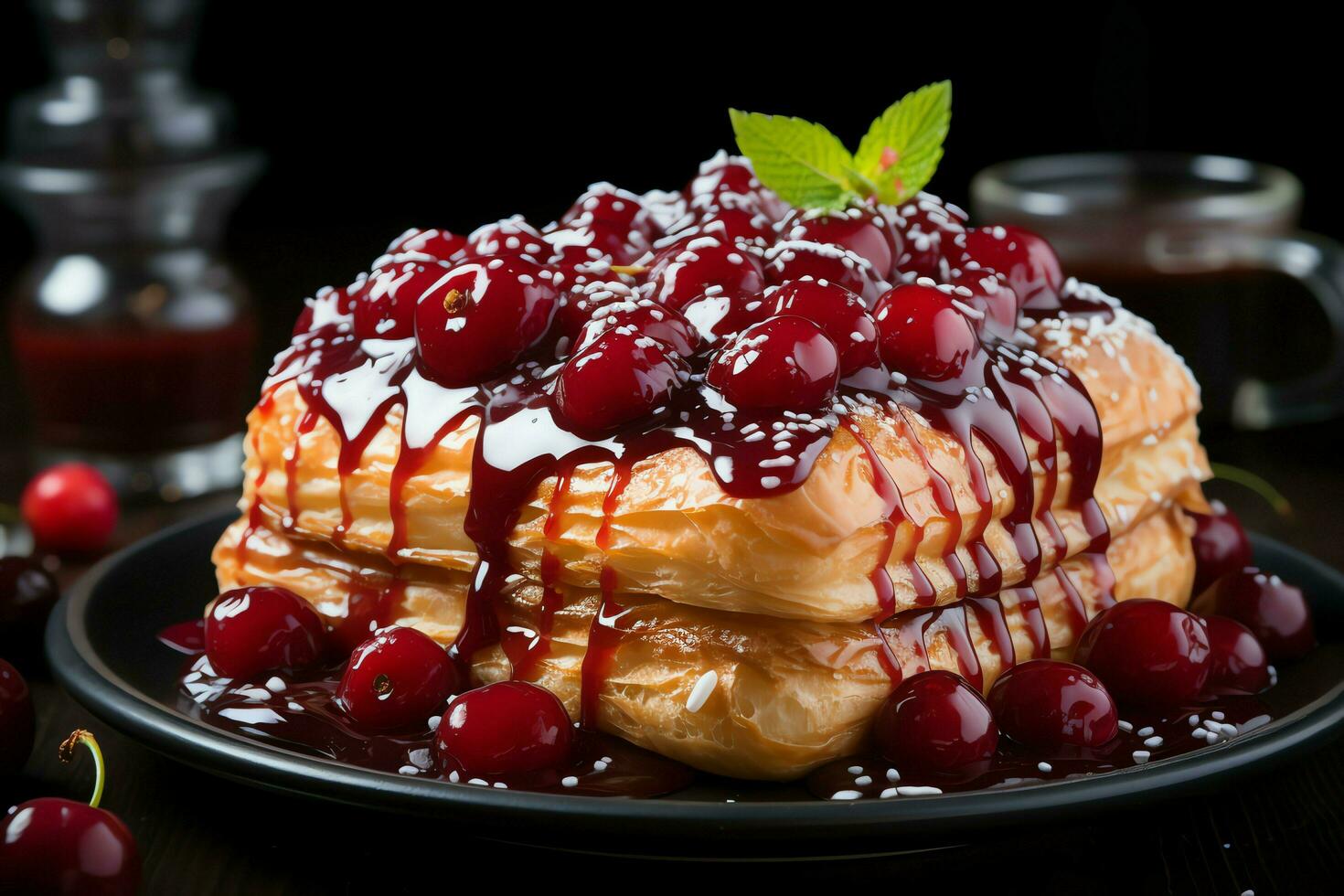 fatti in casa di delizioso Pasticcino o Pancakes con frutta danesi e ciliegia. danese Pasticcino e dolce concetto di ai generato foto