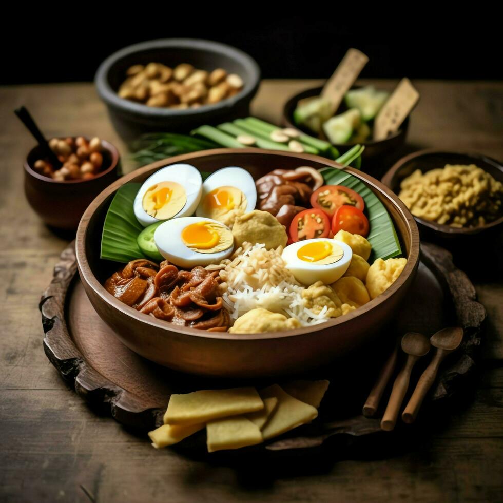 gado-gado indonesiano tradizionale cibo. mescolare a partire dal bollito o vapore verdura servito con arachide salsa concetto di ai generato foto