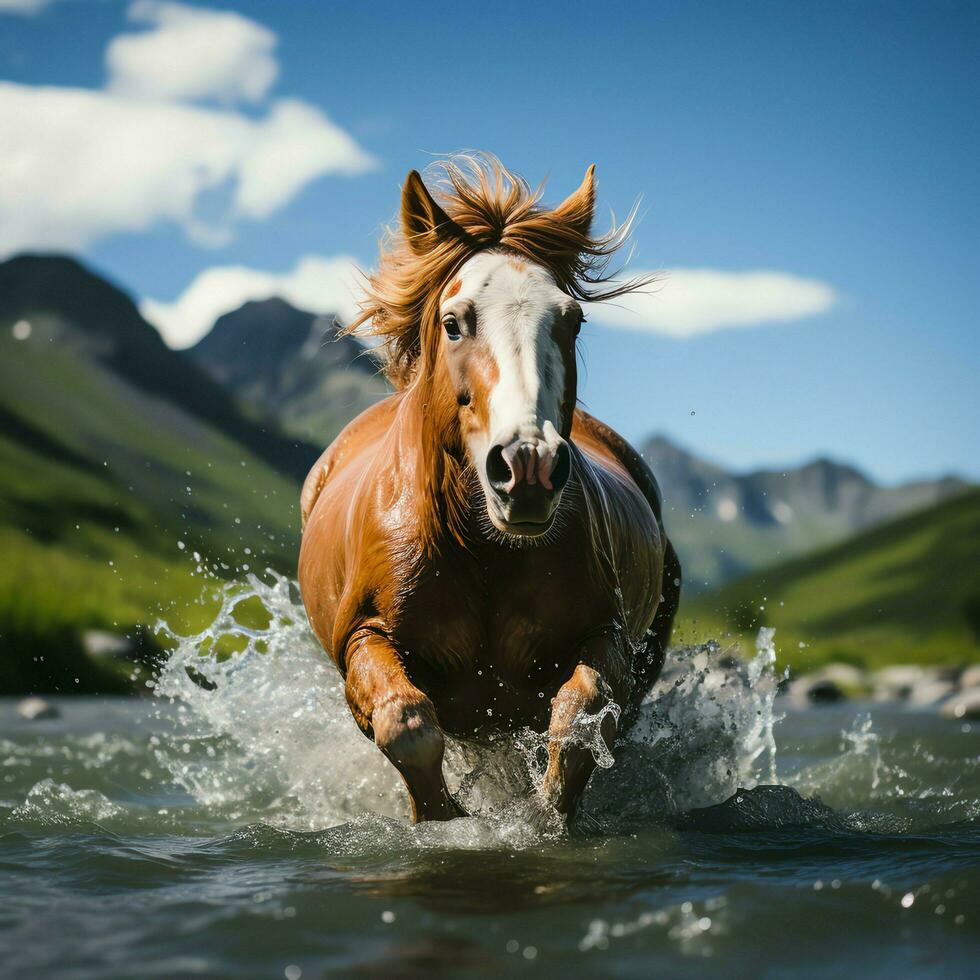 un' selvaggio cavallo in esecuzione nel il torrente. selvaggio o azienda agricola animali concetto di ai generato foto