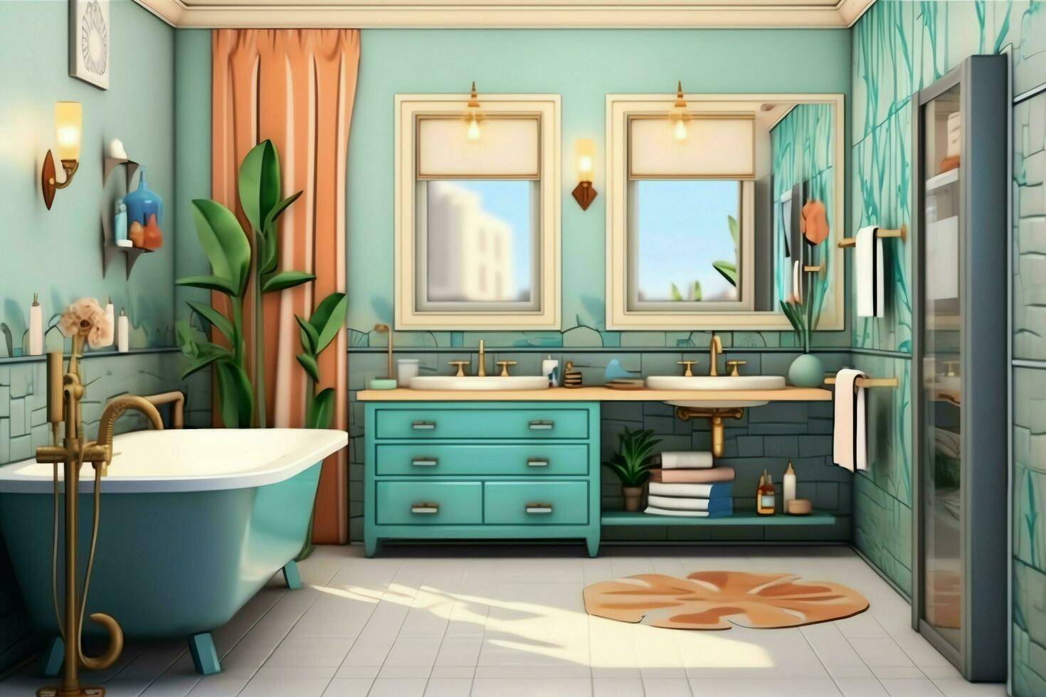 interno design di un' simpatico moderno bagno. 3d interpretazione moderno gabinetto o bagno nel Hotel o Casa concetto di ai generato foto