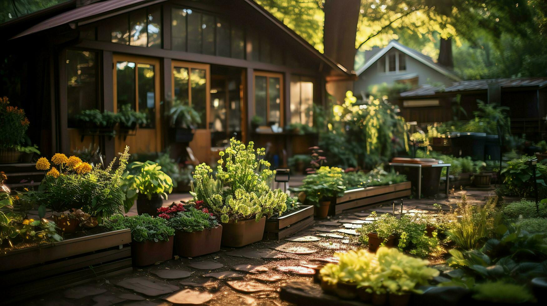 di legno Casa nel villaggio con impianti e fiori nel Giardino dietro la casa giardino. giardino e fiore su rurale Casa concetto di ai generato foto