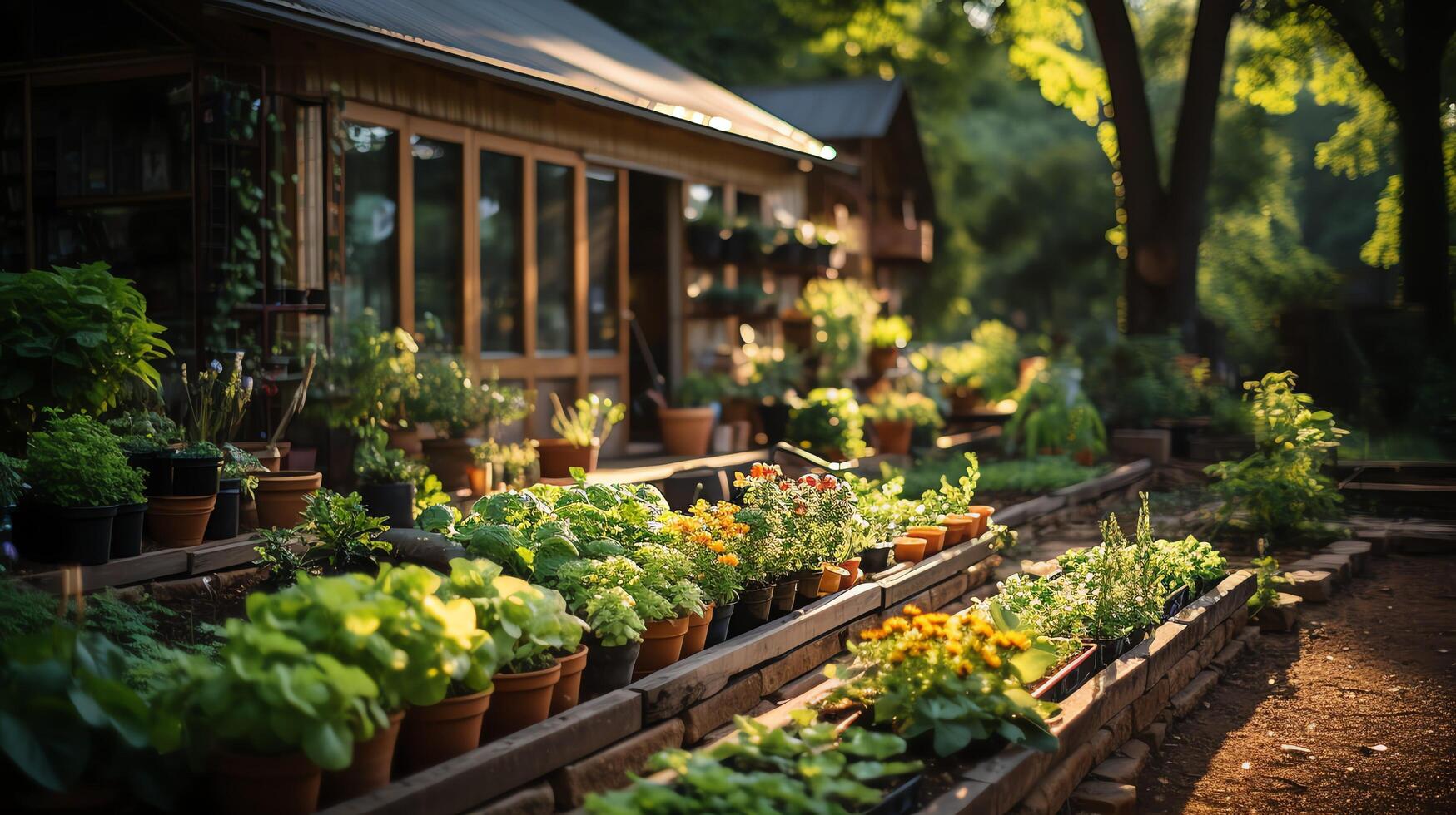 di legno Casa nel villaggio con impianti e fiori nel Giardino dietro la casa giardino. giardino e fiore su rurale Casa concetto di ai generato foto