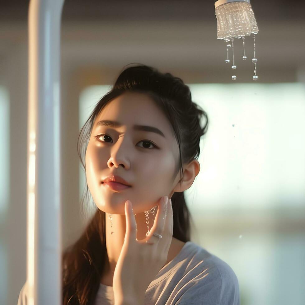 attraente freschezza asiatico donna pulito viso fresco acqua con cura Guarda per specchio nel bagno casa concetto di ai generato foto