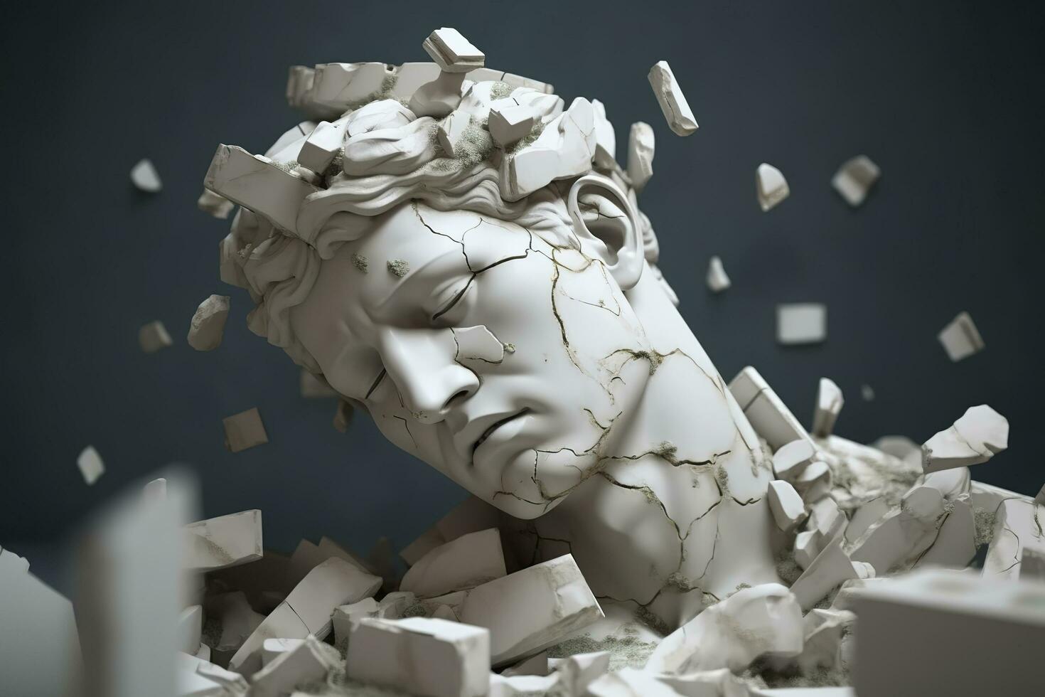 rotto antico greco statua testa caduta nel pezzi. rotto marmo scultura, screpolatura rompersi, concetto di depressione, memoria perdita, mentalità perdita o malattia. ai generativo foto