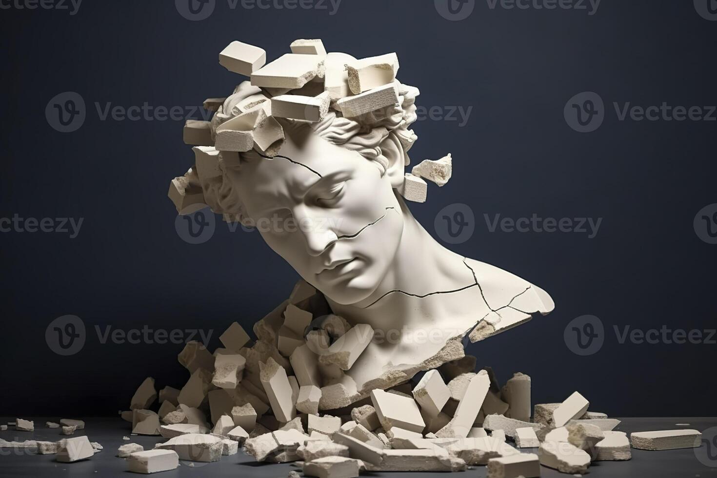 rotto antico greco statua testa caduta nel pezzi. rotto marmo scultura, screpolatura rompersi, concetto di depressione, memoria perdita, mentalità perdita o malattia. ai generativo foto