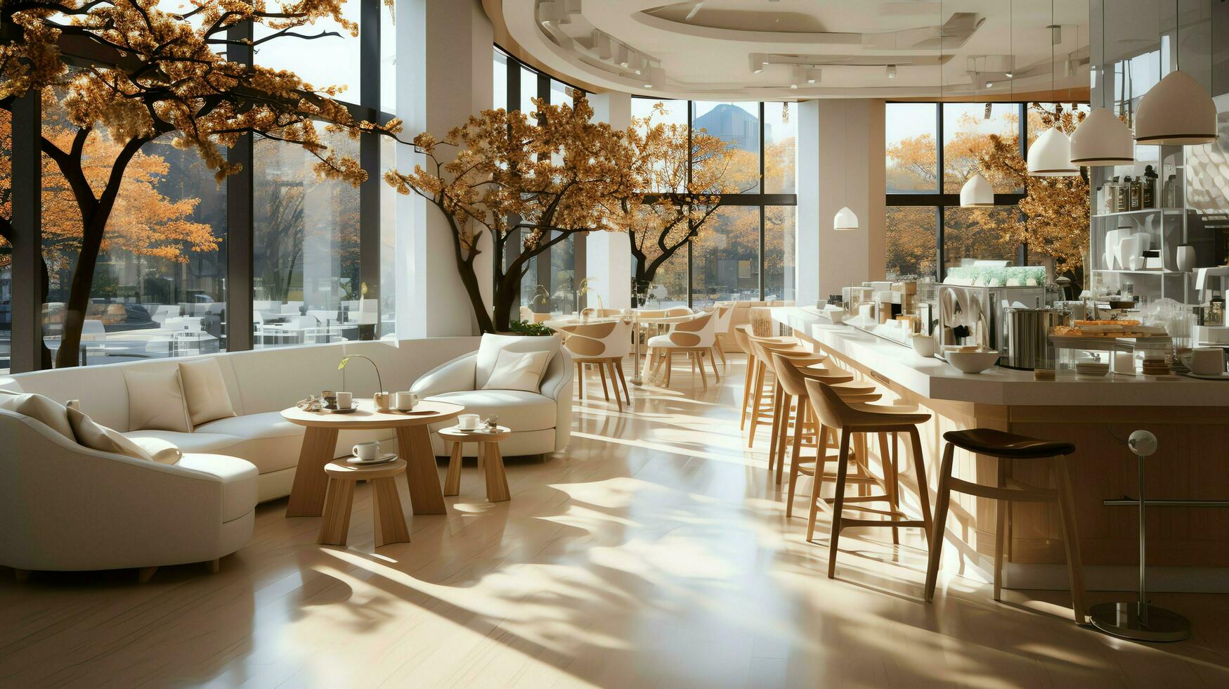 un' magnifico ristorante o caffè negozio con moderno stile e un' di legno. interno di un' ristorante concetto di ai generato foto