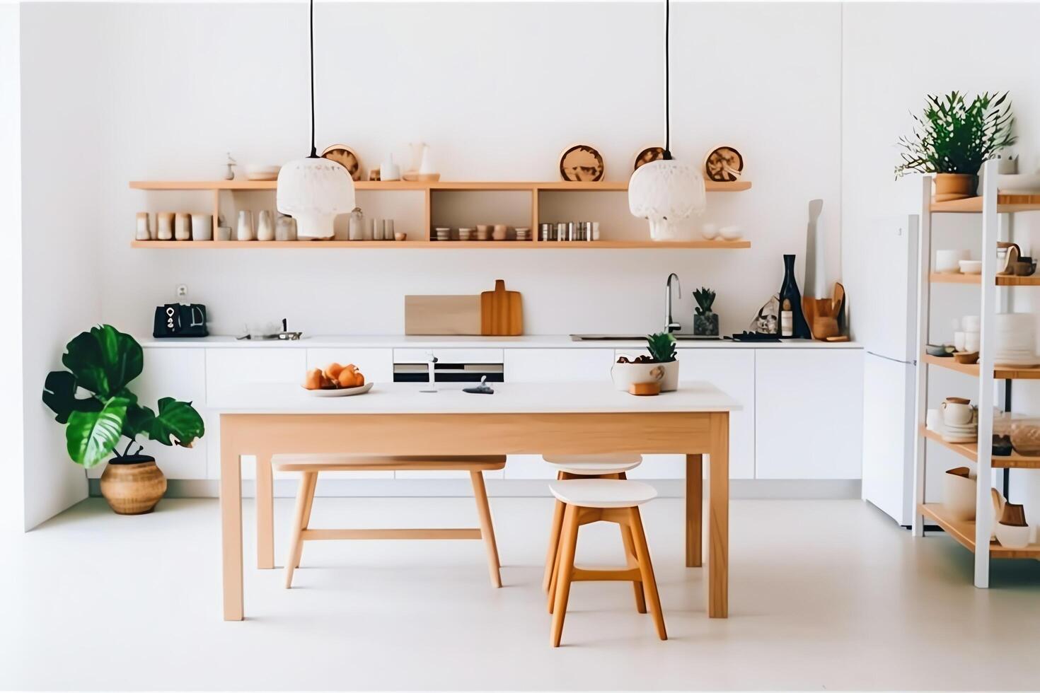 moderno cucina interno design nel appartamento o Casa con arredamento. lusso cucina casa scandinavo concetto di ai generato foto