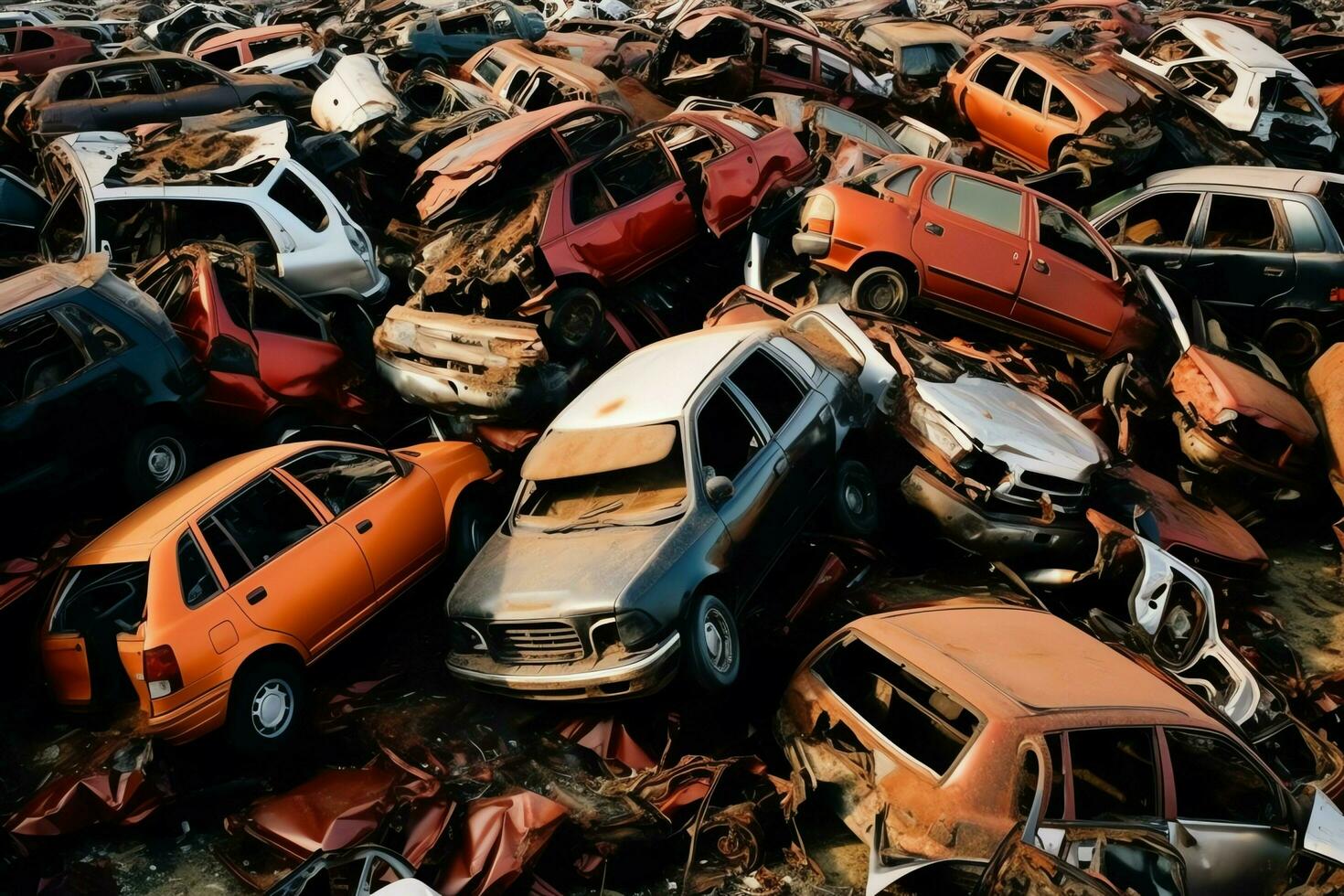 ruggine vecchio Rifiuto macchine con ambiente inquinamento nel discarica per raccolta differenziata. abbandonato auto rifiuto concetto di ai generato foto