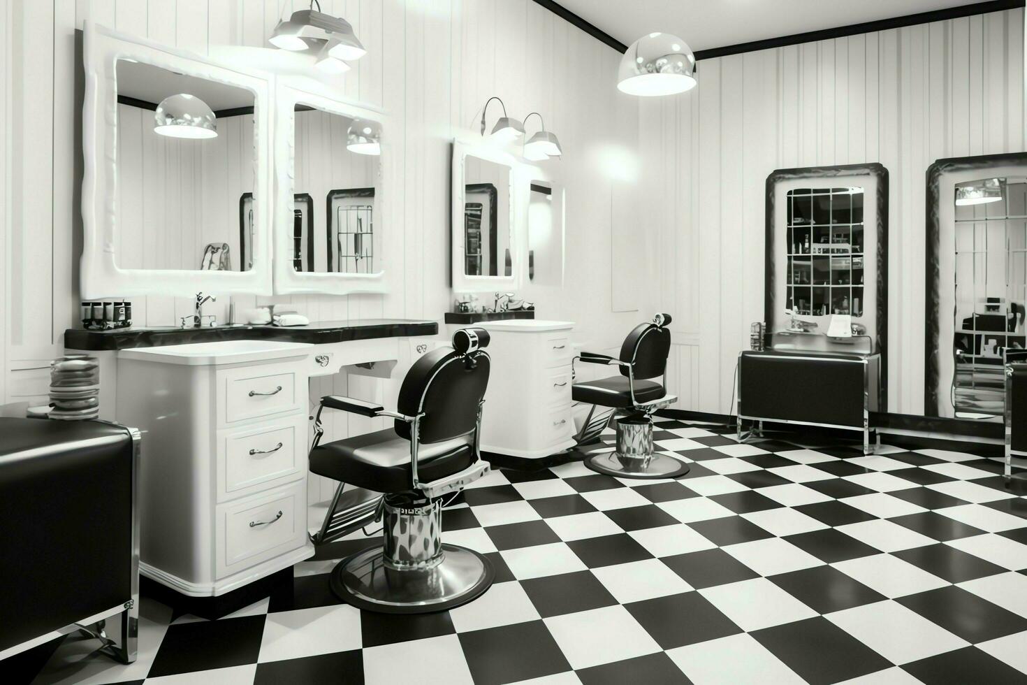 moderno barbiere interno con specchi sedia e altro attrezzatura vicino finestre. sedie nel barbiere concetto di ai generato foto