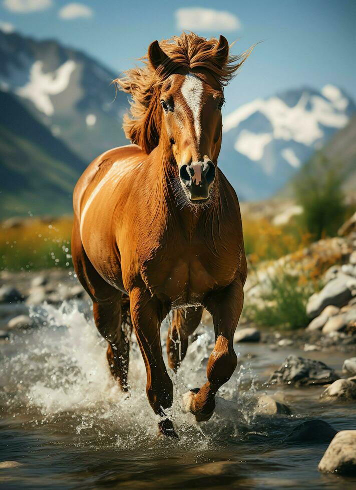 un' selvaggio cavallo in esecuzione nel il torrente. selvaggio o azienda agricola animali concetto di ai generato foto