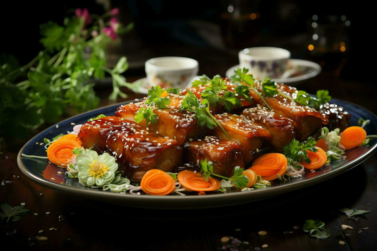 un' delizioso croccante Maiale pancia fantasia su piatto. ristorante cibo e asiatico cucina concetto di ai generato foto