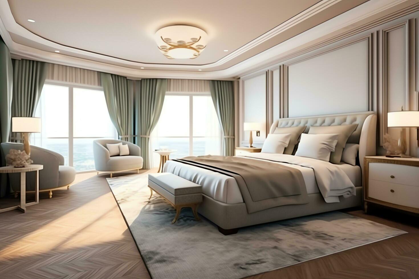 moderno Camera da letto interno design nel appartamento o Casa con arredamento. lusso Camera da letto scandinavo concetto di ai generato foto