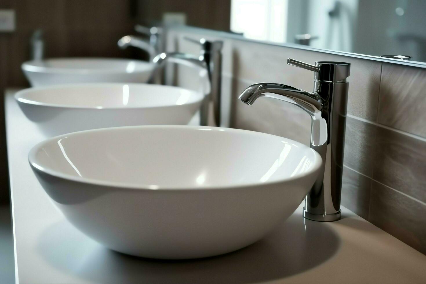 moderno pubblico bagno con riga di bianca ceramica lavare Lavello bacini e rubinetto con specchio nel toilette concetto di ai generato foto