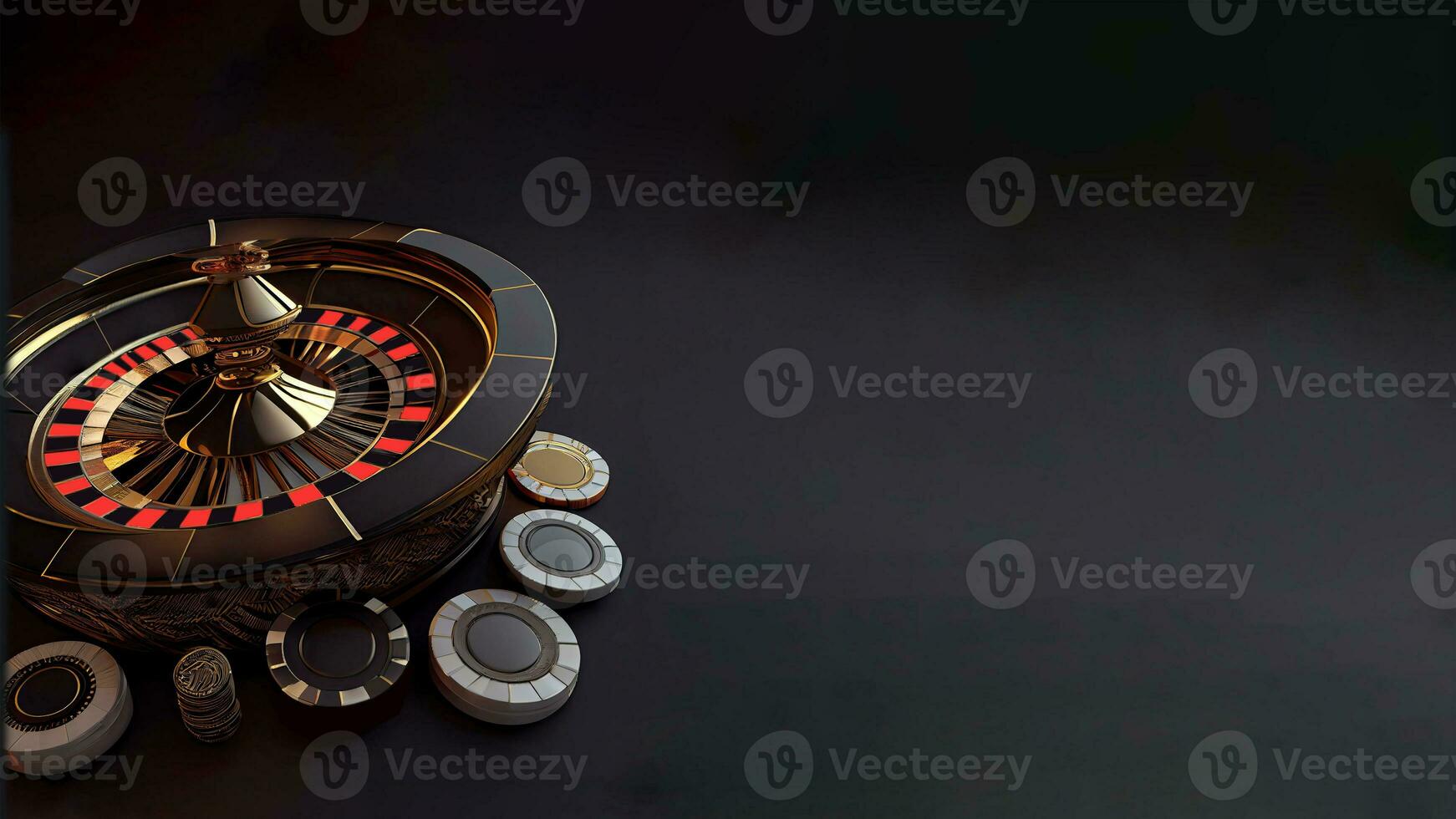 avvicinamento di roulette ruota e casinò gettone o poker patatine fritte contro buio sfondo. casinò gioco d'azzardo concetto. generativo ai. foto