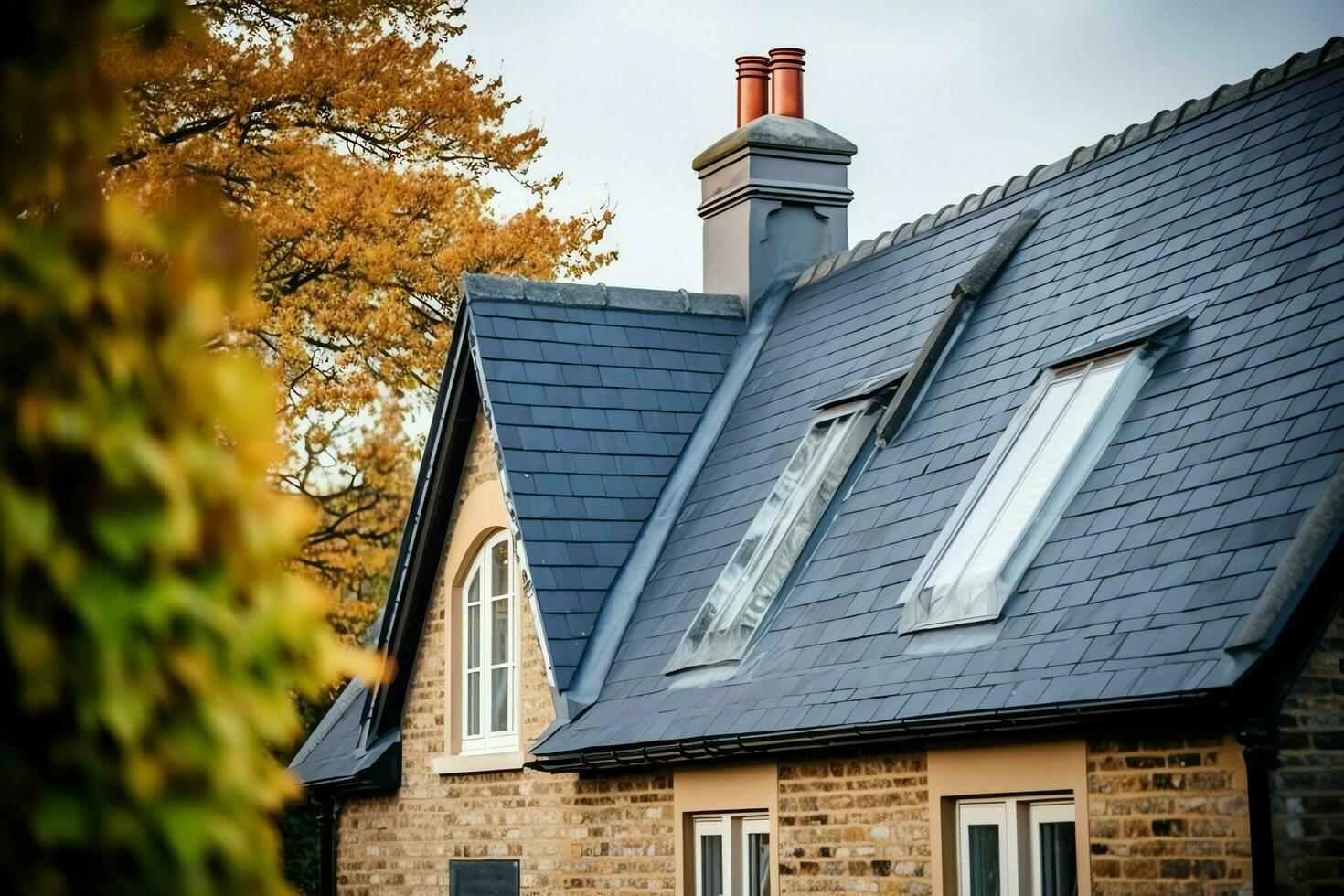 un' moderno privato Casa è coperto con metallo piastrelle coperture o grigio ardesia tetto. Vintage ▾ curvo telaio concetto di ai generato foto