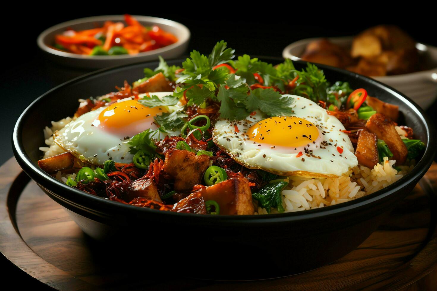 nasi goreng indonesiano tradizionale cibo. fritte riso pollo con uova e speziato spezie di frittura concetto di ai generato foto