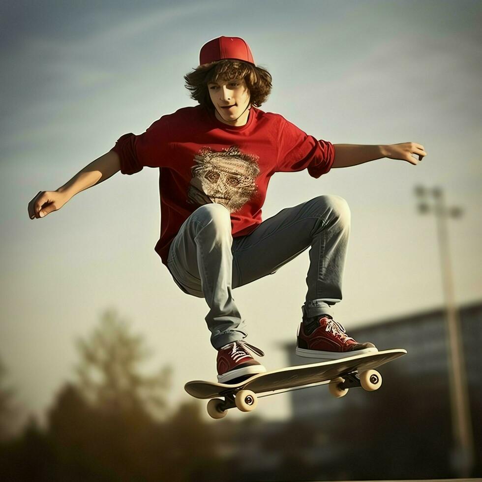 un' caucasico uomo fare trucchi o salto su un' skateboard a il strada. giovane uomo con pattinatore salto concetto di ai generato foto