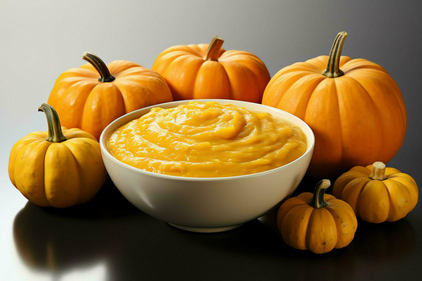 un' delizioso zucca la minestra cibo crema nel un' ciotola. inverno cibo e alto salutare la minestra pasto concetto di ai generato foto