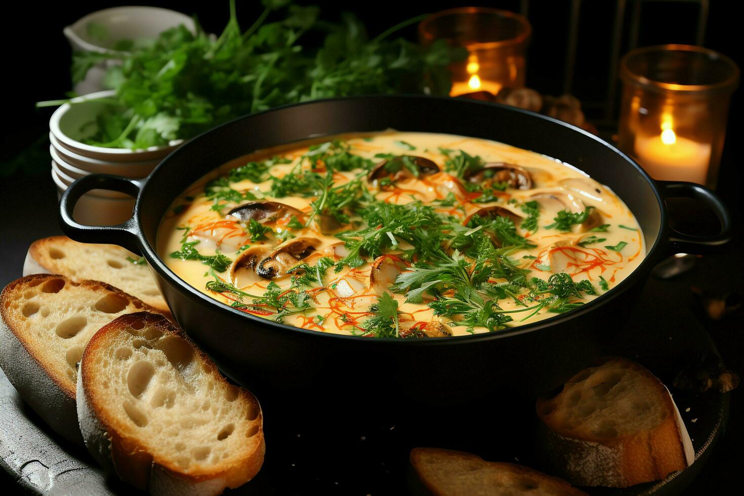 un' delizioso bouillabaisse la minestra cibo nel un' ciotola. marsiglia cibo e salutare proteina la minestra pasto concetto di ai generato foto