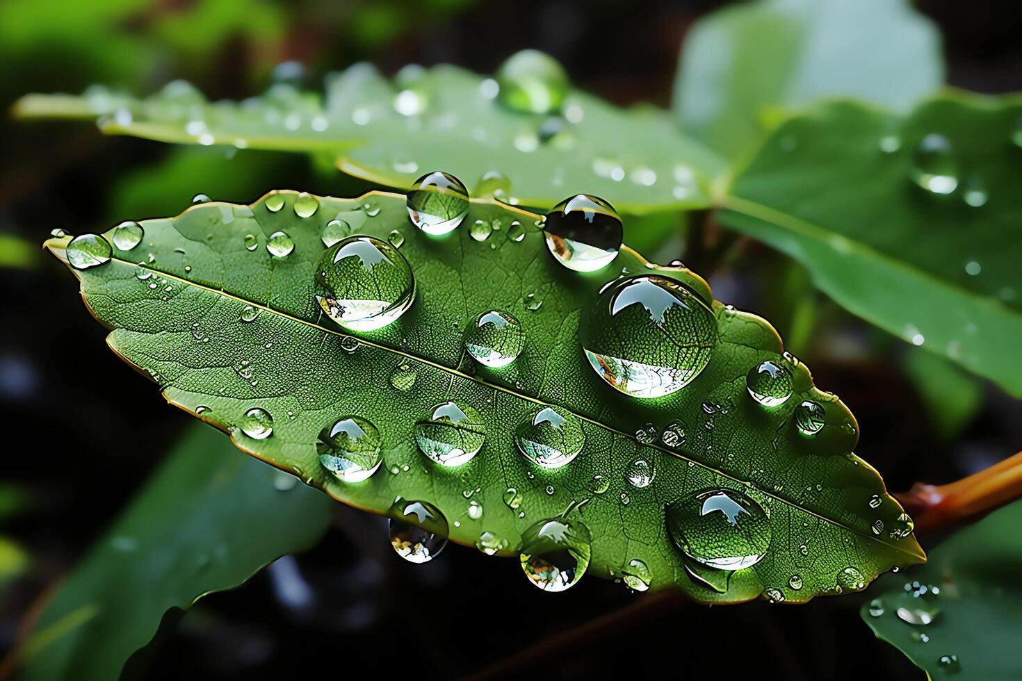 macro tiro di verde le foglie con acqua goccioline, rugiada o pioggia far cadere su loro. verde foglia natura foresta concetto di ai generato foto