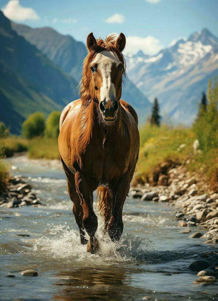 un' selvaggio cavallo in esecuzione nel il torrente. selvaggio o azienda agricola animali concetto di ai generato foto