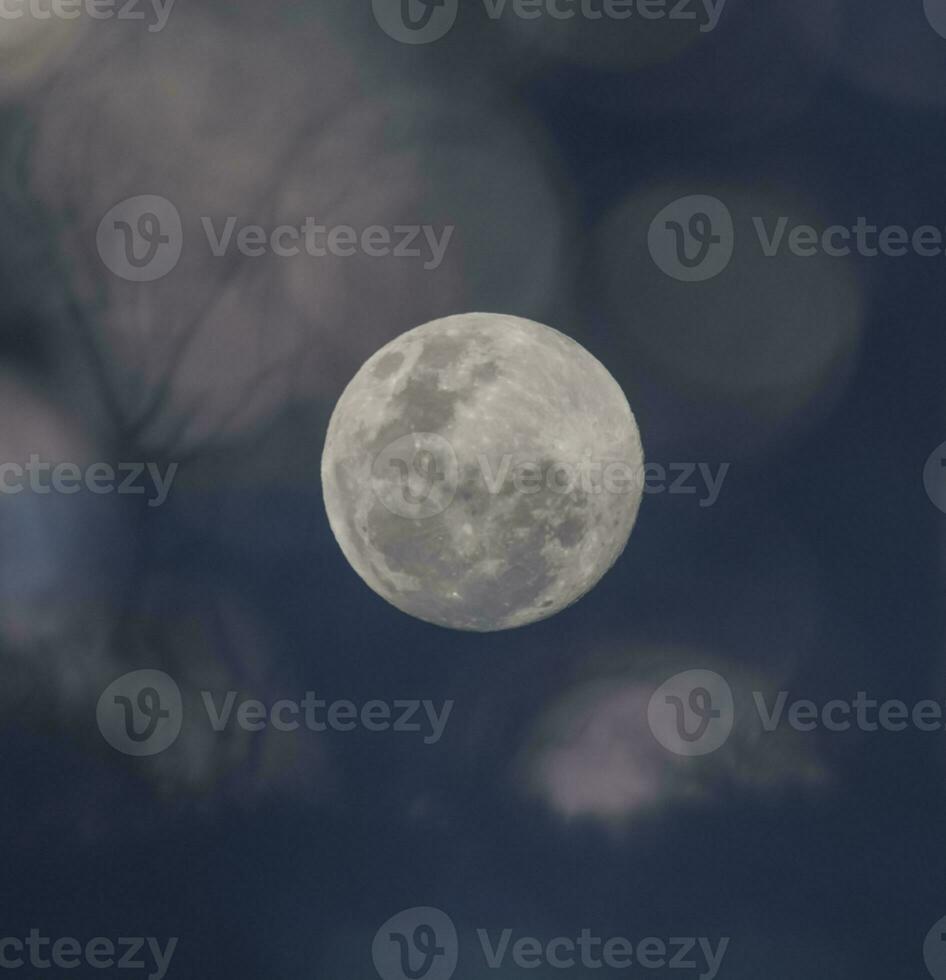 un' pieno Luna è visto nel il cielo con un' viola e blu sfondo foto