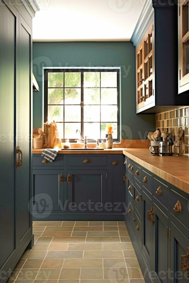 buio blu nazione cucina disegno, interno arredamento e Casa miglioramento, classico inglese nel telaio cucina armadietti, controsoffitto e applicazione Casa, elegante Villetta stile, generativo ai foto