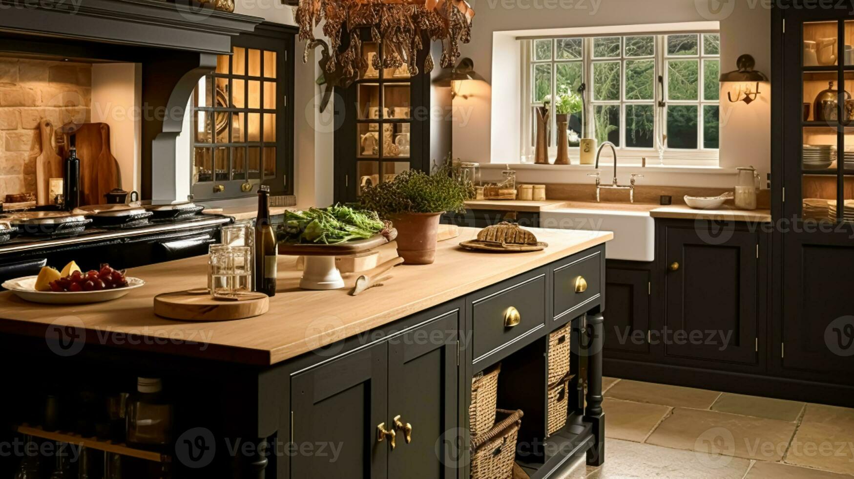 autunnale cucina arredamento, interno design e Casa decorazione, classico inglese cucina decorato per autunno stagione nel un' nazione Casa, elegante Villetta stile foto