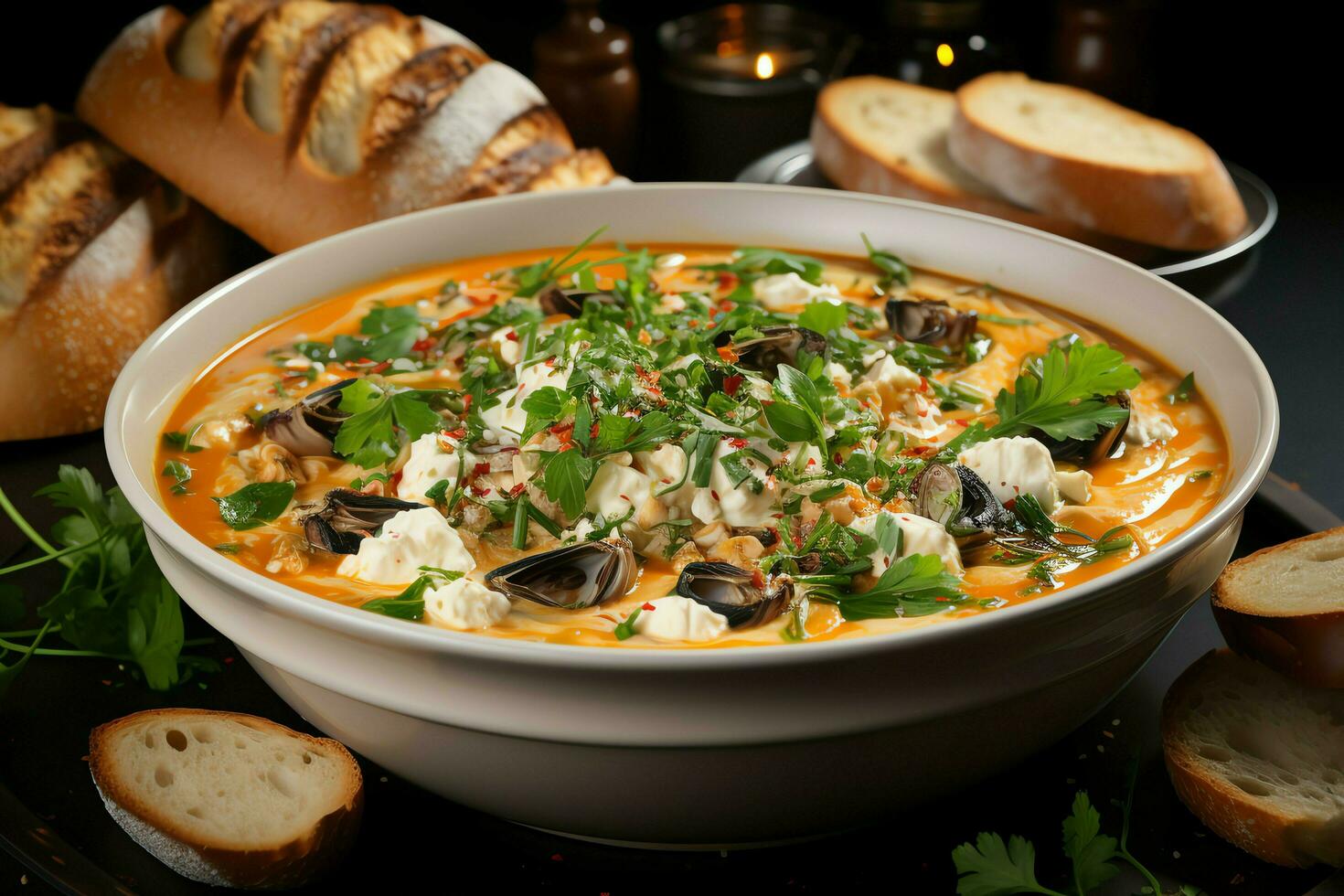 un' delizioso bouillabaisse la minestra cibo nel un' ciotola. marsiglia cibo e salutare proteina la minestra pasto concetto di ai generato foto