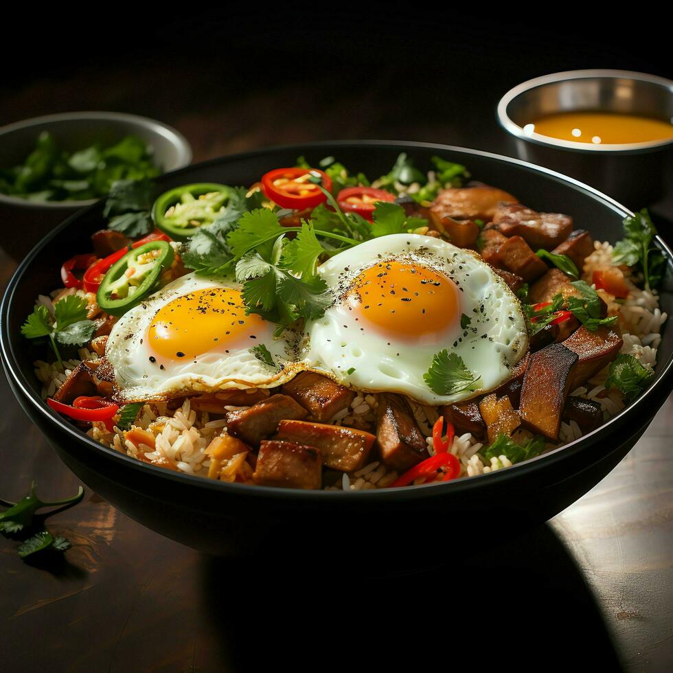 nasi goreng indonesiano tradizionale cibo. fritte riso pollo con uova e speziato spezie di frittura concetto di ai generato foto