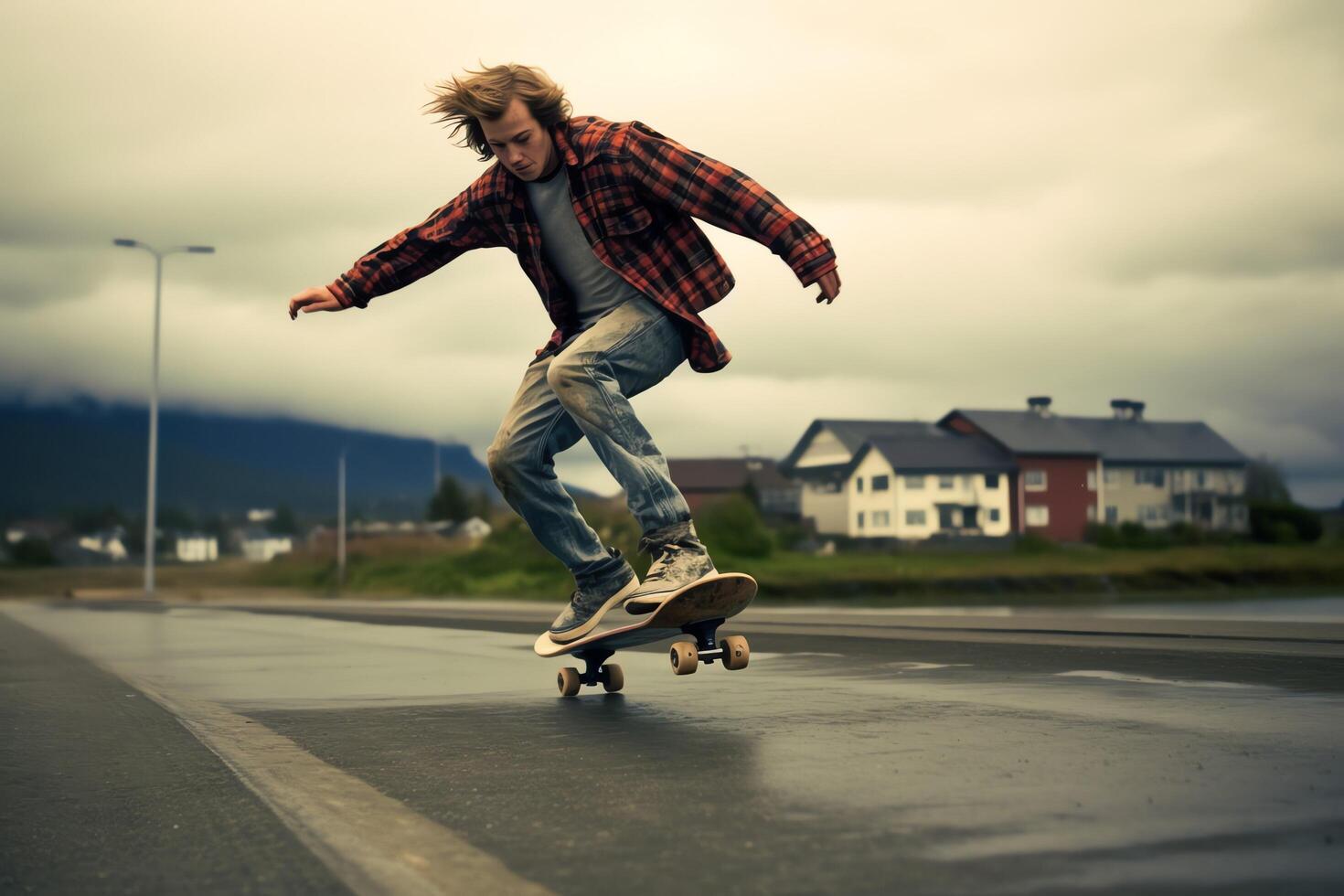 un' caucasico uomo fare trucchi o salto su un' skateboard a il strada. giovane uomo con pattinatore salto concetto di ai generato foto