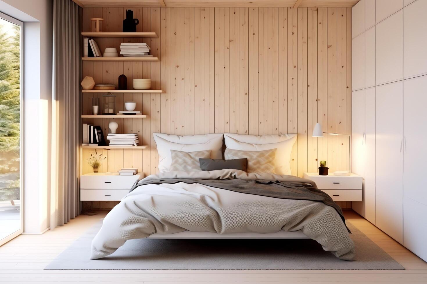 moderno Camera da letto interno design nel appartamento o Casa con arredamento. lusso Camera da letto scandinavo concetto di ai generato foto