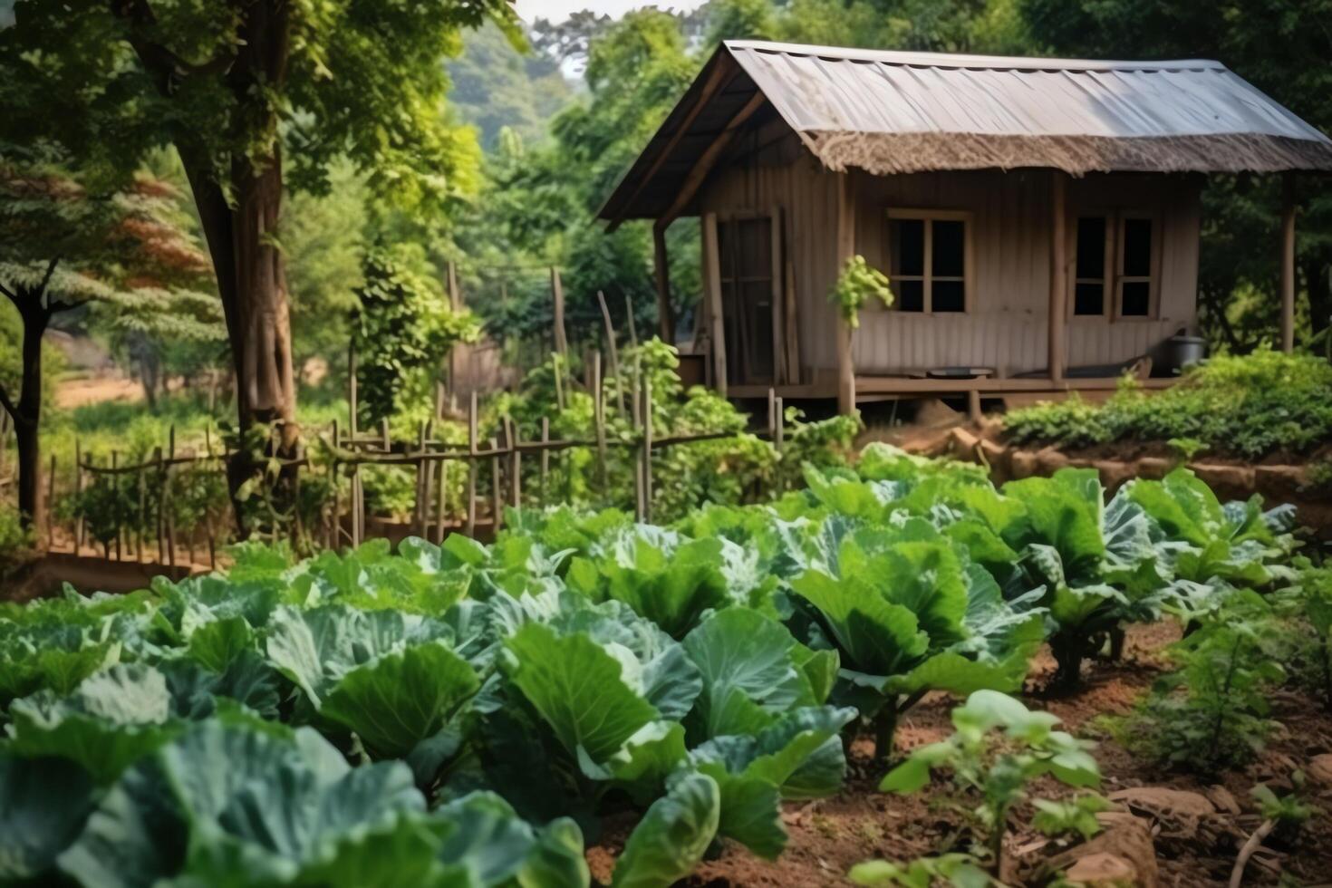 di legno Casa nel villaggio con impianti e fiori nel Giardino dietro la casa giardino. giardino e fiore su rurale Casa concetto di ai generato foto