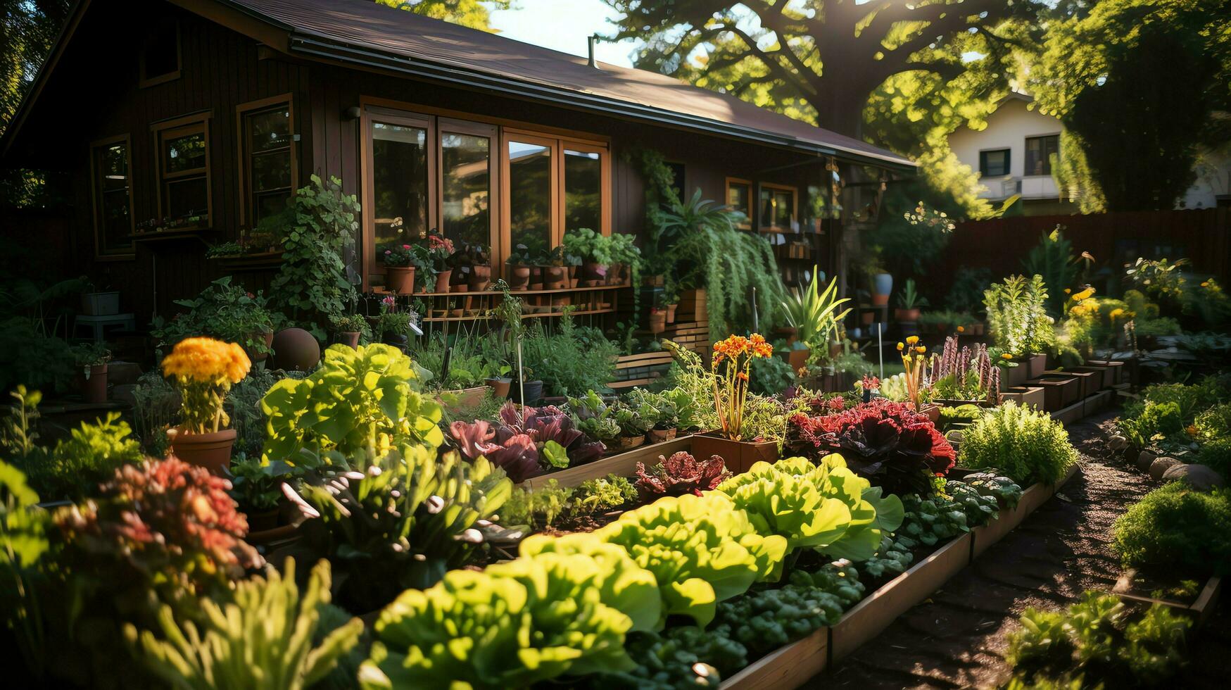 di legno Casa nel villaggio con impianti e fiori nel Giardino dietro la casa giardino. giardino e fiore su rurale Casa concetto di ai generato foto