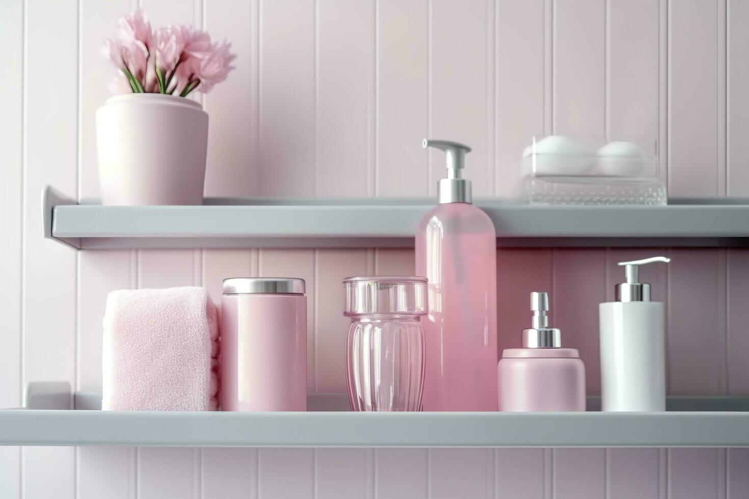 un' pastello bagno mensola con rosa cura della pelle prodotti, copia spazio, striscione, rosa e pastello blu luminosa tavolozza, barbiecore. ai generativo foto