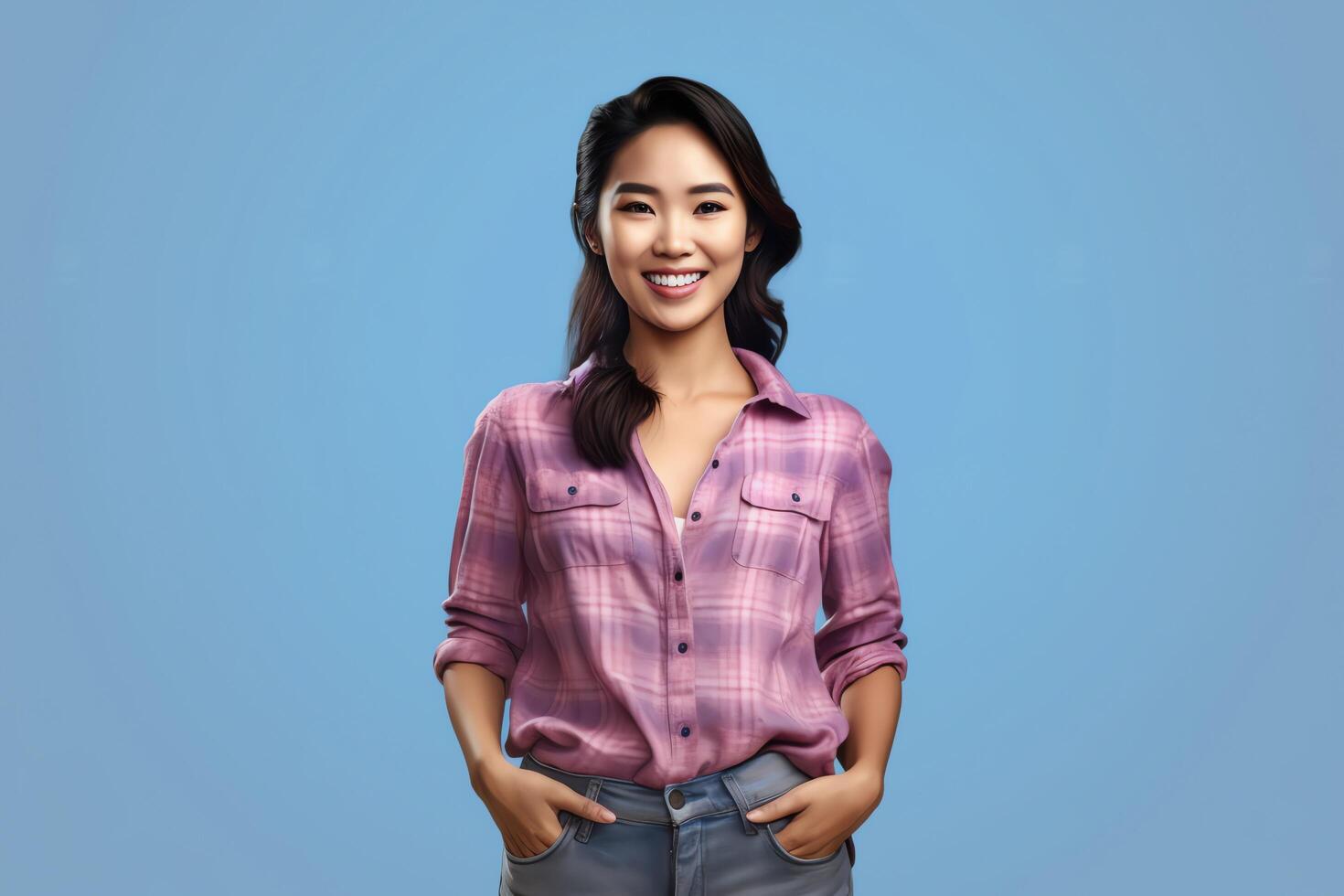 bellissimo asiatico donna nel casuale con Sorridi allegro. studio tiro asiatico donna in piedi mano gesto concetto di ai generato foto