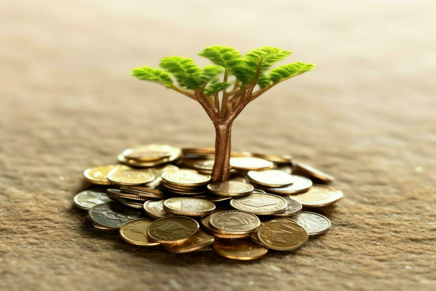 attività commerciale crescita con un' in crescita albero su un' moneta. mostrando finanziario sviluppi. finanziario pianificazione concetto di ai generato foto