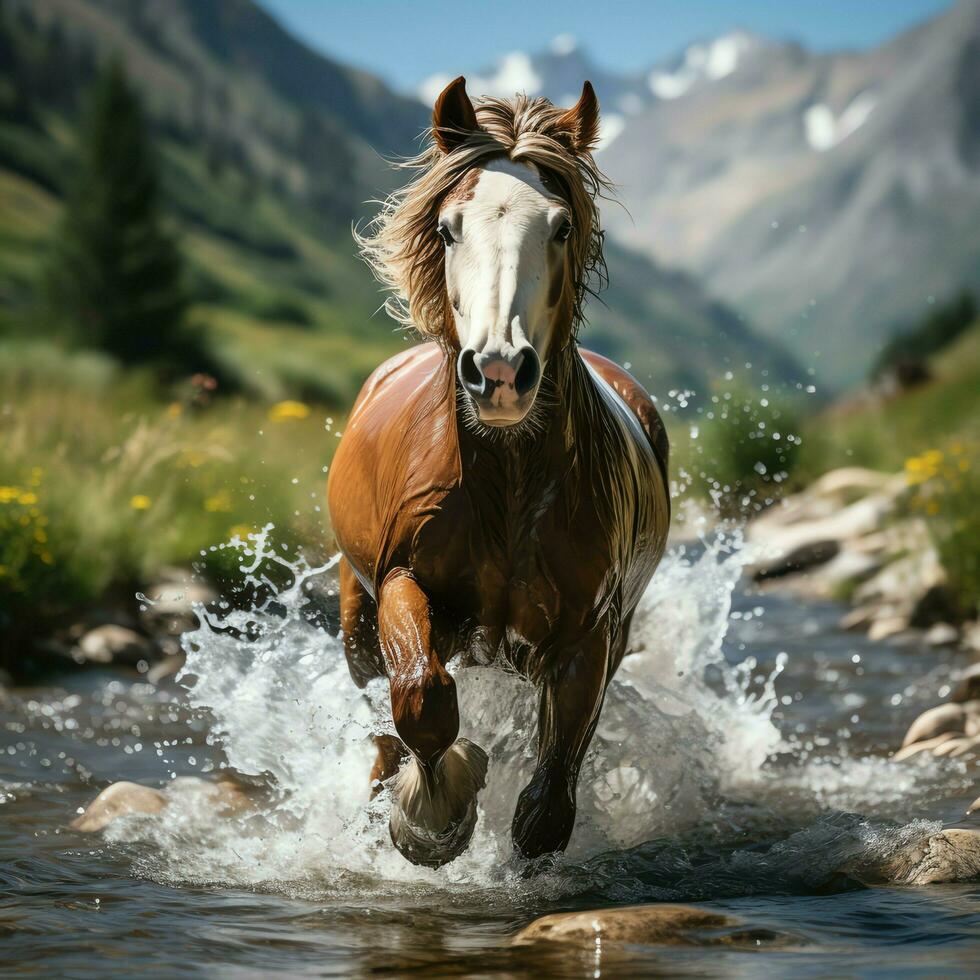 un' selvaggio cavallo in esecuzione nel il torrente. selvaggio o azienda agricola animali concetto di ai generato foto
